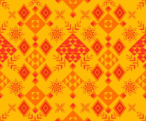 Yellow Orange Ethnic Seamless Pattern - Geometric Motif.  A bold ethnic seamless pattern with large diamond and arrow motifs in warm yellow and orange tones. Ideal for tribal-themed projects.
