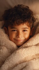Smiling boy portrait wrapped in cozy blanket showcasing childhood joy and relaxation for heartwarming content