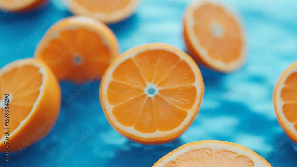 Poster orange slices floating and splashing in refreshing blue water