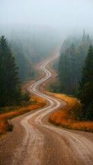 Fototapeta premium Winding dirt road through foggy forest landscape scenic drive adventure travel nature scene