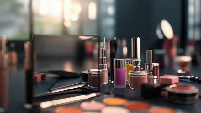 Makeup products displayed on dressing table in beauty salon
