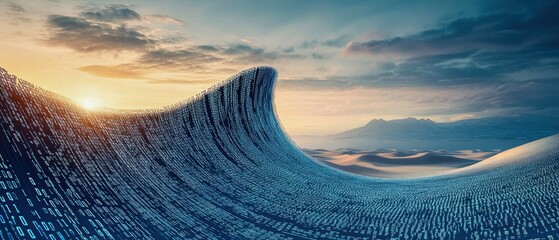 massive wave of binary code flowing over desert landscape in surreal contrast