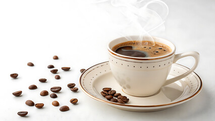 Fototapeta premium Coffee Beans Or Cup On White Background Morning Drink Concept