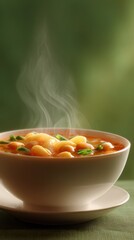 Steaming hot bowl of soup with pasta and vegetables provides a comforting culinary experience