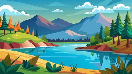 Vibrant flat design landscape with lake mountains and evergreen trees