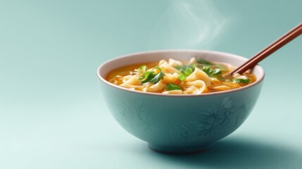 Steaming noodle soup with chopsticks showcases Asian cuisine and food photography