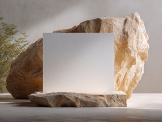 Stone podium and minimalist backdrop for natural product display with tree