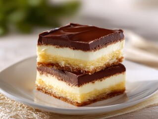 Stacked Nanaimo bars showcase Canadian dessert with chocolate custard squares for sweet indulgence