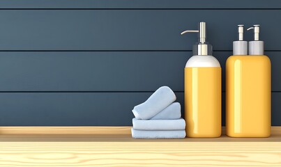 Two yellow liquid soap dispensers and folded white towels