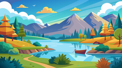 Serene mountain lake landscape with a small boat and autumn trees