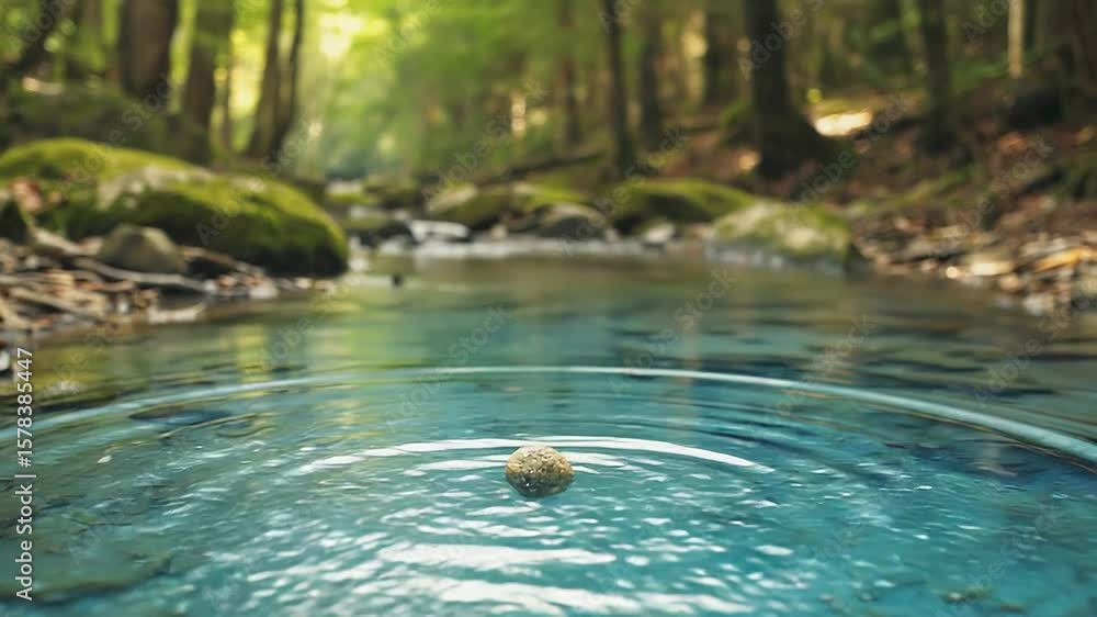 Poster pebble creating ripples in a crystal clear stream in a forest