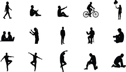 Obraz premium Silhouette collection of people in various activities on a white background illustration
