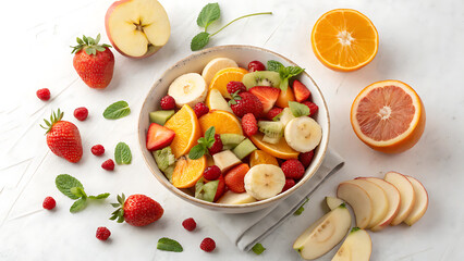 Fruit Salad Mixed Fresh Fruits On White Background Healthy Snack Idea