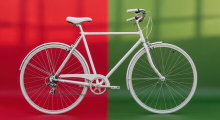 Simple white bicycle on a split red and green background with subtle shadow effects and bokeh highlights