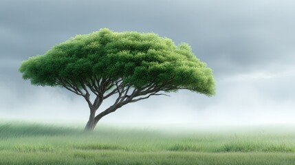 Tree landscape scenery with fog and grass for tranquil outdoor nature scene