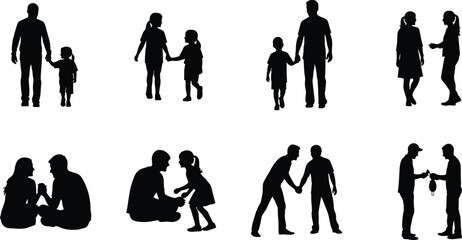 Obraz premium Silhouettes of families and couples interacting in various poses on a white background