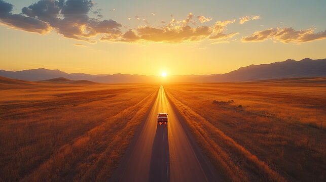 Truck driving on a rural highway at sunset, surrounded by golden fields and mountains in the distance.