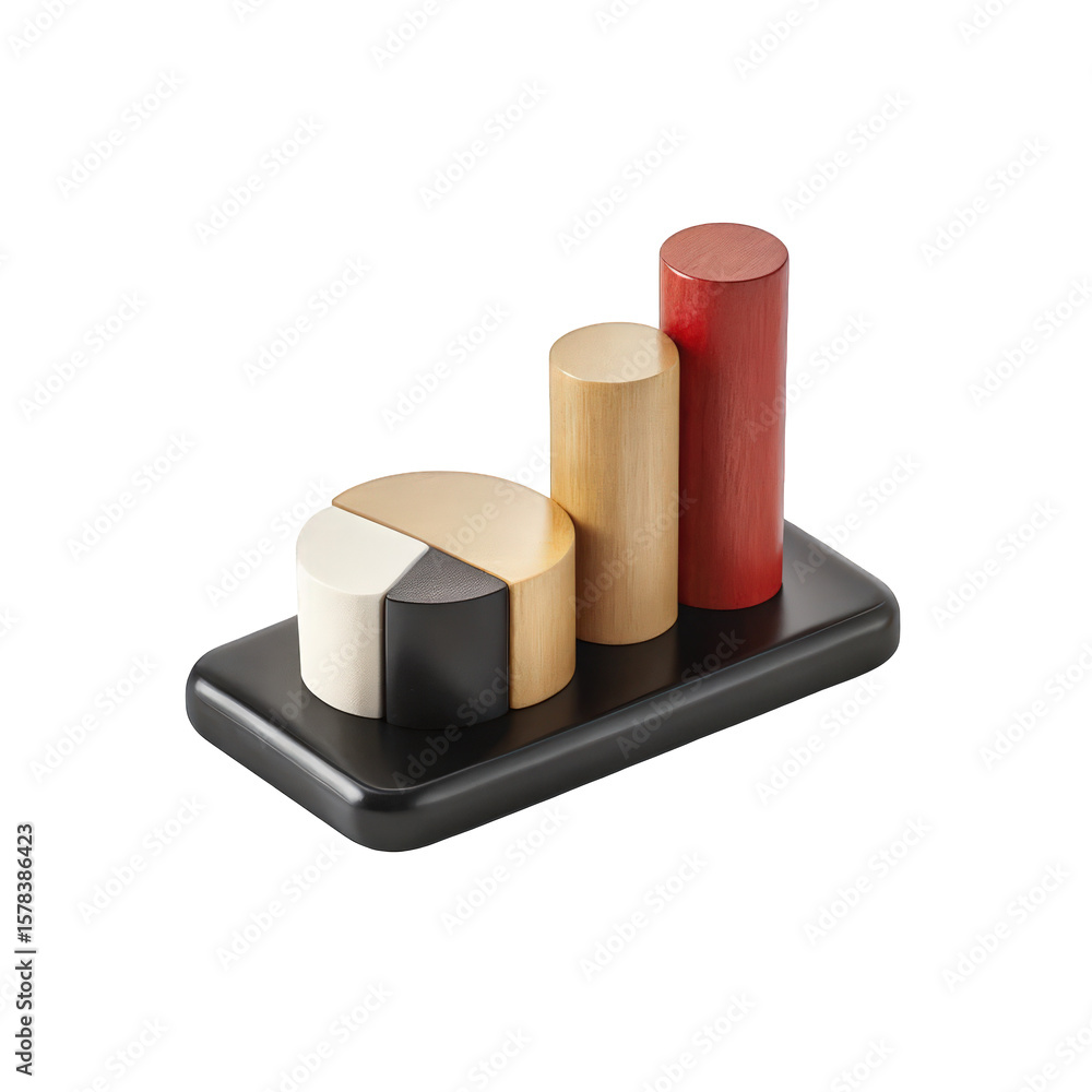 Poster a wooden toy graph isolated on transparent background shows a pie chart and bar graph representing b