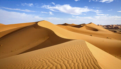 Golden sand dune landscape under blue sky with clouds in desert
