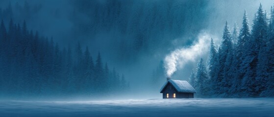 Winter Cabin Scene with Smoke Rising in Snowy Forest Landscape