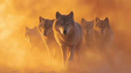 Wolf pack animal group wildlife nature predators canine in golden light habitat