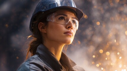 Woman in Hard Hat and Safety Glasses Sparks Confidence in Industrial Workplace