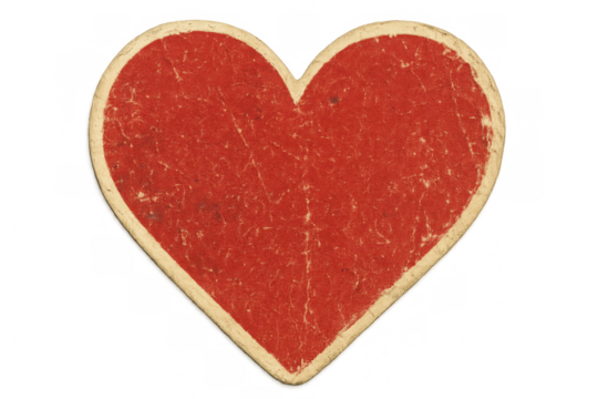 Vintage paper heart featuring weathered texture, beige trim, symbolizing romantic emotion against transparent backdrop