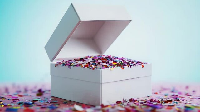 White gift box exploding with colorful confetti on pink and blue background