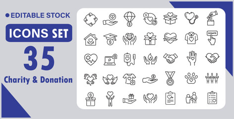 Charity and Donation line icon set. Contain icons related to Help, volunteer, donated, assistance, sharing, solidarity, and more. Linear icon collection. Editable stroke. Vector illustration