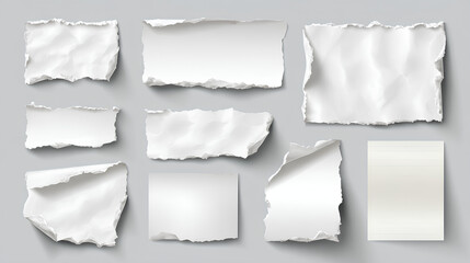 Big set of white torn paper sheet, ripped newspaper strip, retro texture background, text message banner, sticky note and grunge notebook page collage with uneven edge and realistic shadow. Torn paper