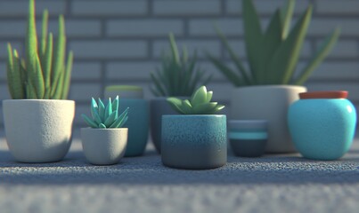 Several small potted plants are arranged against a brick wall