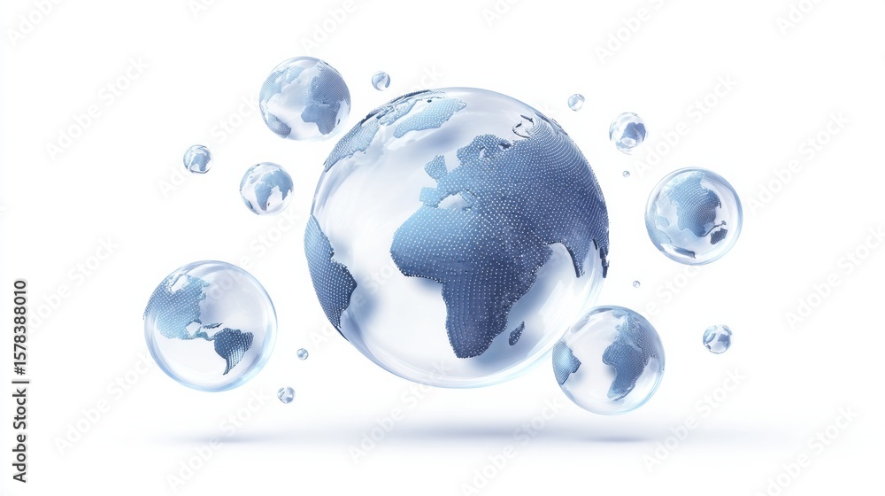 Poster floating translation bubbles surround a globe icon representing global communication and language ex