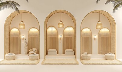 A modern architectural design with natural woven features and neutral tones