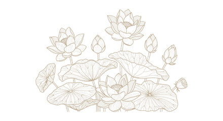 Delicate Lotus Flower and Leaf Line Art Illustration for Elegant Designs