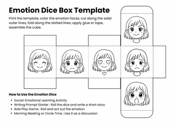 Feelings and Emotions Dice Box Template | SEL Activity for Kids | Writing Prompt Starter | Role Play Game | Coloring Craft for Classroom