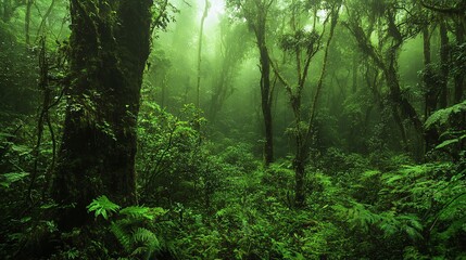 Fototapeta premium Vibrant Lush Green Forest With Sunlight Filtering Through Dense Canopy