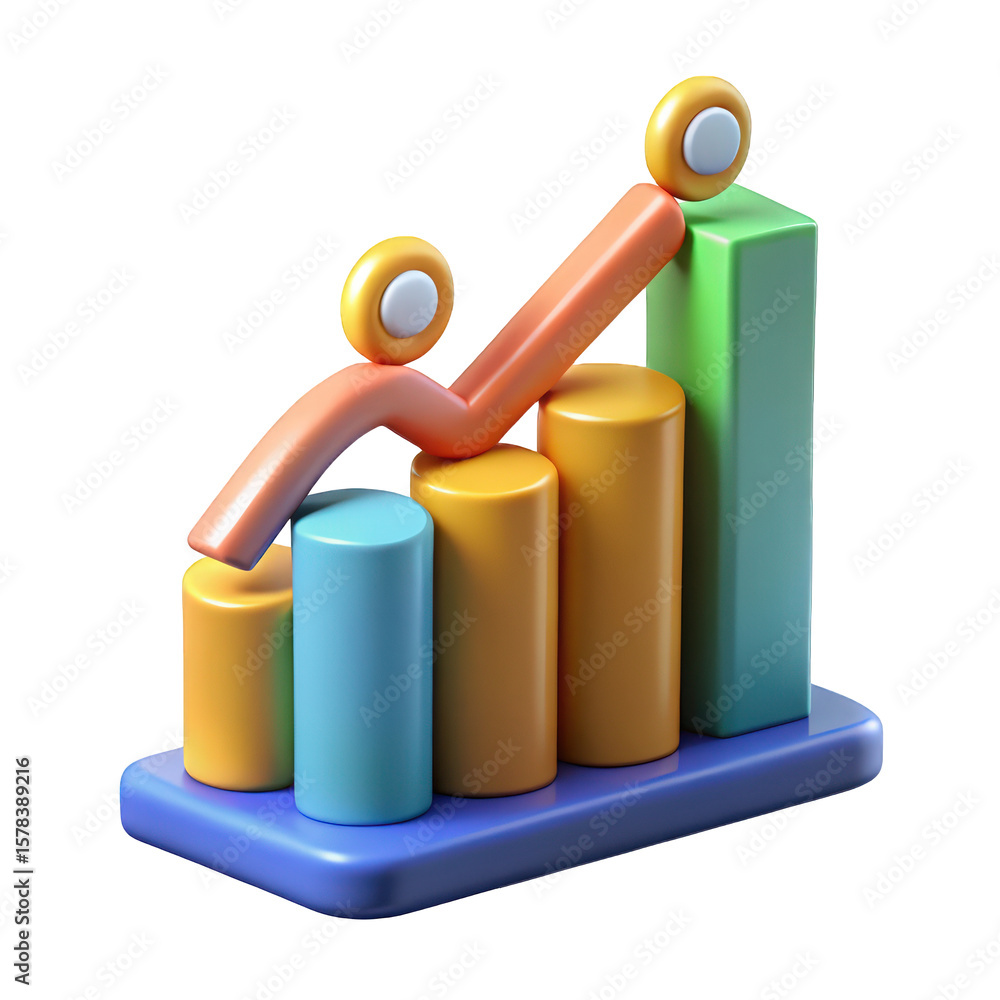 Poster a colorful 3d bar graph with an upwardpointing arrow shows business growth and financial success iso