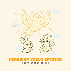 Fototapeta premium Ascension Day Kenaikan Yesus Kristus Flying Bird Worshipped by Sheep and Bunny Cute Cartoon