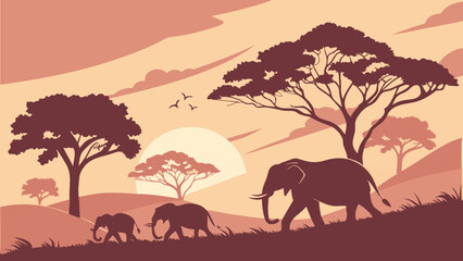 Silhouette of elephants walking across the savanna at sunset with trees and birds in the background scene