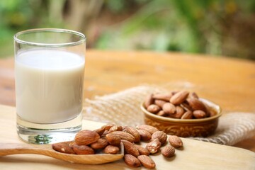 Healthy almond milk in drinking glass with roasted almond in ceramic bowl and wooden spoon on wooden table.Almond have a lot of vitamin and Omega-3.Healthy,Food and drink concept.