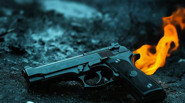 Handgun lying on ground with fire burning in background