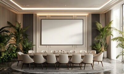 A luxury conference room decorated with plants and elegant furniture