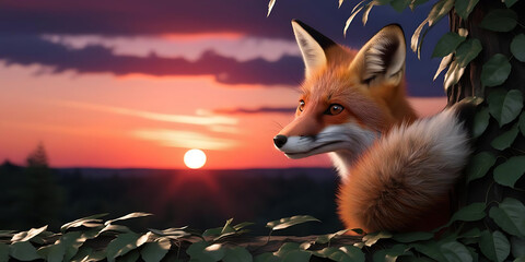 Fox Silhouette Against Orange Purple Pink Horizon