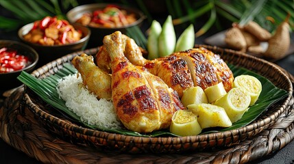 Typical Indonesian Eid Mubarak Food Featuring Opor Ayam and Ketupat, a Traditional Festive Meal