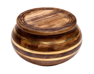 Top View of Carved Wooden Urn with Gold Rim Accent, Handmade Style, Transparent PNG