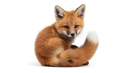 Adorable Red Fox Cub with Bushy Tail Looking at the Camera, Cute Fox Pup Curled Up on a White Background