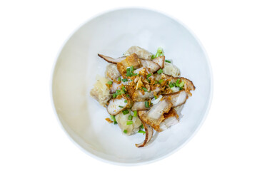 Top view of Dried dumplings with roast pork, focus selective