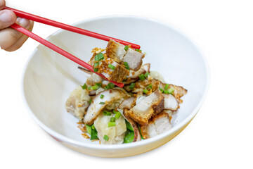 Top view of Dried dumplings with crispy pork , focus selective