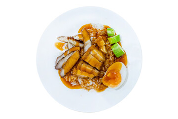 Top view of Red pork and crispy pork rice, focus selective