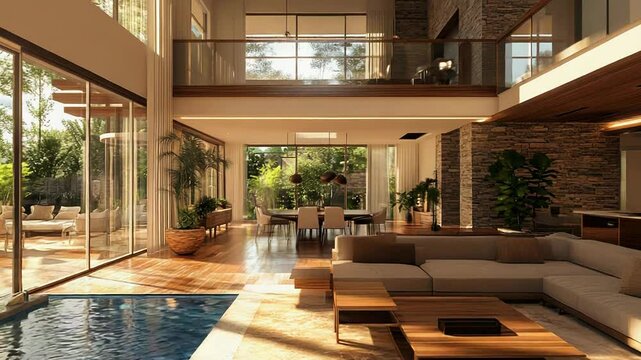Modern open plan living room overlooking indoor pool and garden